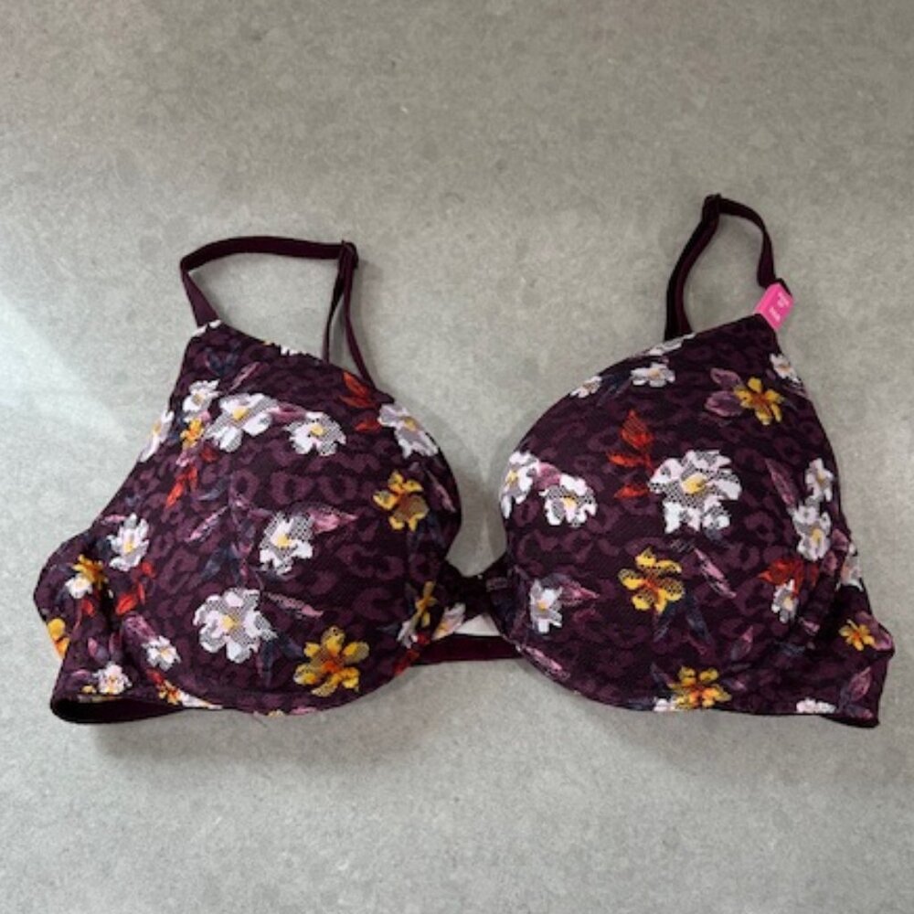 VS Pink Lace Wear Everywhere Push-up Bra 36B NWT Padded Burgundy Floral